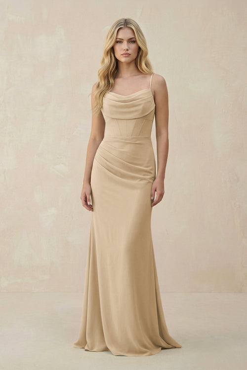 Champagne Cowl Neck Sheath Chiffon Bridesmaid Dress with Corset | KISSBRIDAL