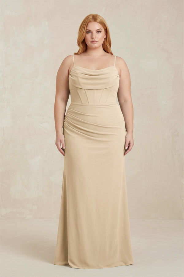 Champagne Cowl Neck Sheath Chiffon Bridesmaid Dress with Corset | KISSBRIDAL