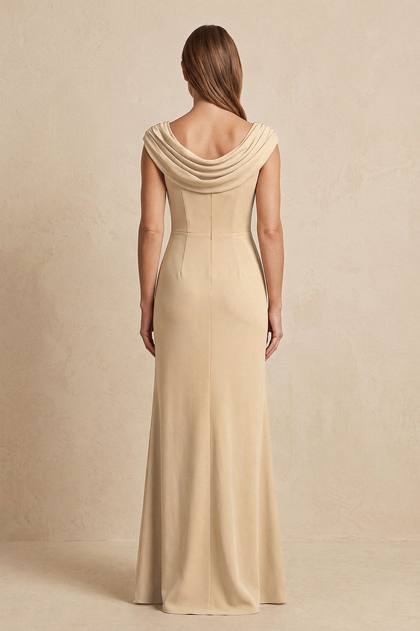 Champagne Cowl Neck Sheath Chiffon Mother of the Bride Dress with Slit and Cap Sleeves