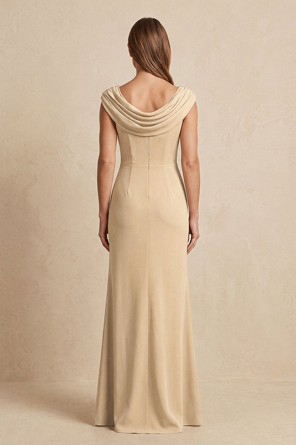 Champagne Cowl Neck Sheath Chiffon Mother of the Bride Dress with Slit and Cap Sleeves (2) | KISSBRIDAL