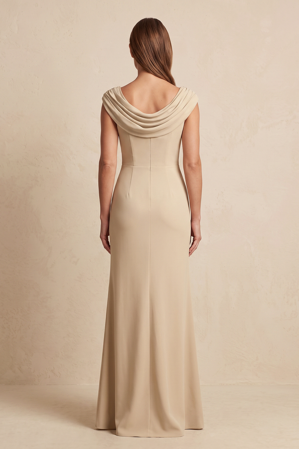 Champagne Cowl Neck Sheath Chiffon Mother of the Bride Dress with Slit and Cap Sleeves (2) | KISSBRIDAL