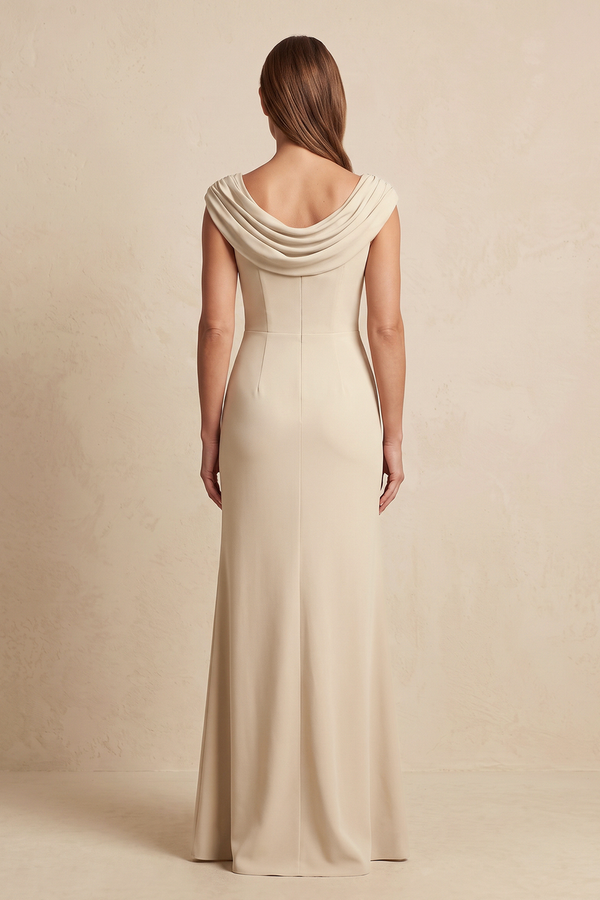 Champagne Cowl Neck Sheath Chiffon Mother of the Bride Dress with Slit and Cap Sleeves (2) | KISSBRIDAL