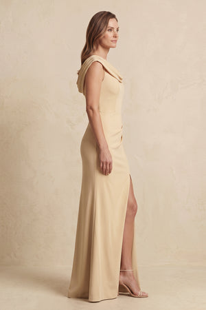 Champagne Cowl Neck Sheath Chiffon Mother of the Bride Dress with Slit and Cap Sleeves (3) | KISSBRIDAL