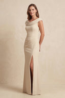Champagne Cowl Neck Sheath Chiffon Mother of the Bride Dress with Slit and Cap Sleeves | KISSBRIDAL