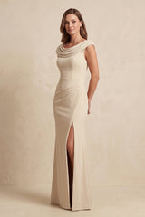 Champagne Cowl Neck Sheath Chiffon Mother of the Bride Dress with Slit and Cap Sleeves | KISSBRIDAL