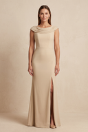 Champagne Cowl Neck Sheath Chiffon Mother of the Bride Dress with Slit and Cap Sleeves | KISSBRIDAL