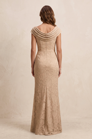 Champagne Rose Cowl Neck Sheath Jacquard Cap Sleeves Mother of the Bride Dress with Slit (2) | KISSBRIDAL