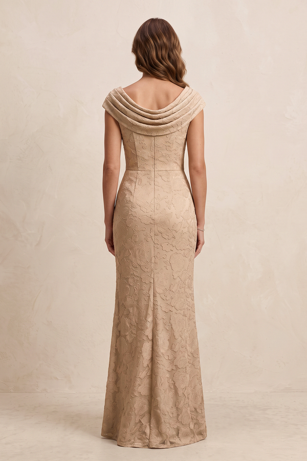 Champagne Rose Cowl Neck Sheath Jacquard Cap Sleeves Mother of the Bride Dress with Slit (2) | KISSBRIDAL