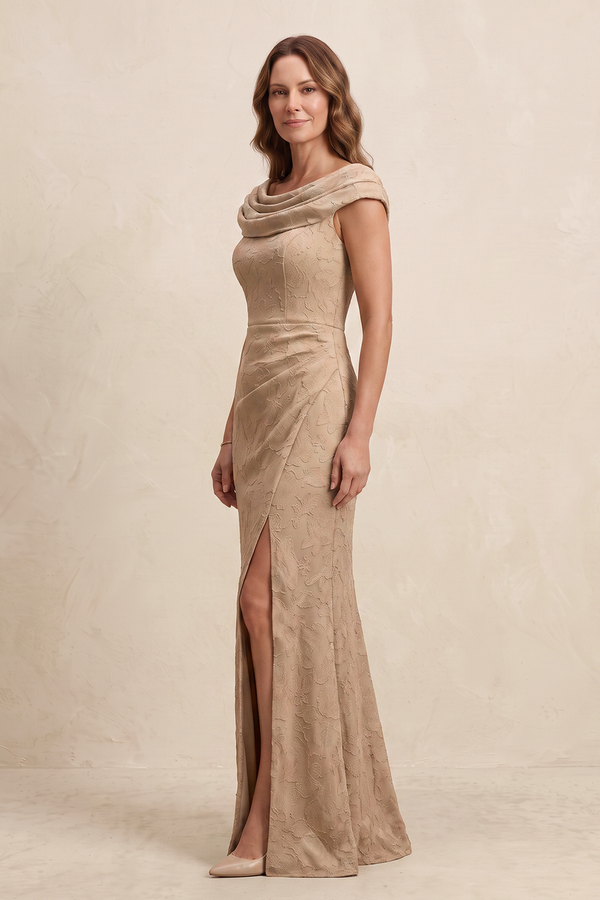 Champagne Rose Cowl Neck Sheath Jacquard Cap Sleeves Mother of the Bride Dress with Slit (3) | KISSBRIDAL