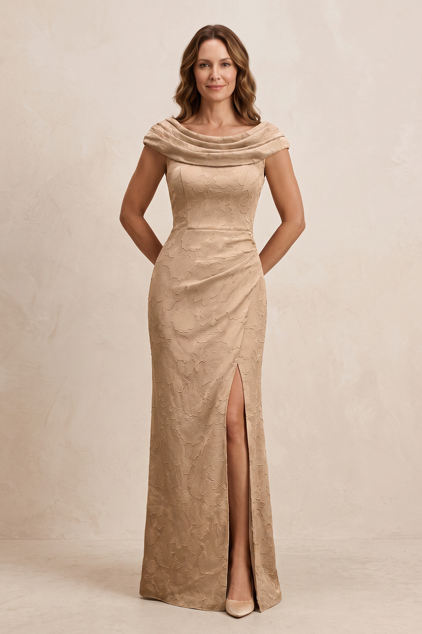 Champagne Rose Cowl Neck Sheath Jacquard Cap Sleeves Mother of the Bride Dress with Slit