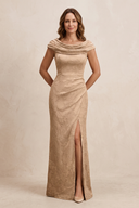 Champagne Rose Cowl Neck Sheath Jacquard Cap Sleeves Mother of the Bride Dress with Slit | KISSBRIDAL