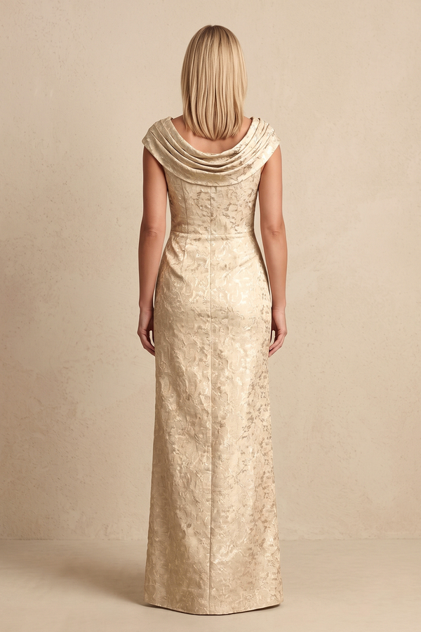 Champagne Cowl Neck Sheath Jacquard Long Mother of the Bride Dress with Slit (2) | KISSBRIDAL
