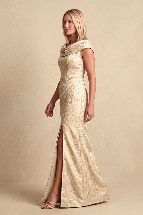 Champagne Cowl Neck Sheath Jacquard Long Mother of the Bride Dress with Slit (3) | KISSBRIDAL