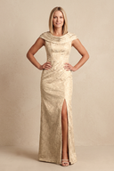 Champagne Cowl Neck Sheath Jacquard Long Mother of the Bride Dress with Slit | KISSBRIDAL