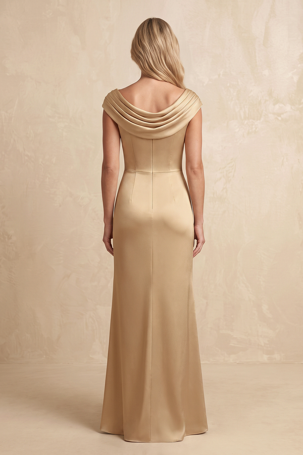 Champagne Cowl Neck Sheath Satin Cap Sleeves Mother of the Bride Dress with Slit (2) | KISSBRIDAL