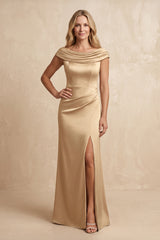 Champagne Cowl Neck Sheath Satin Cap Sleeves Mother of the Bride Dress with Slit | KISSBRIDAL