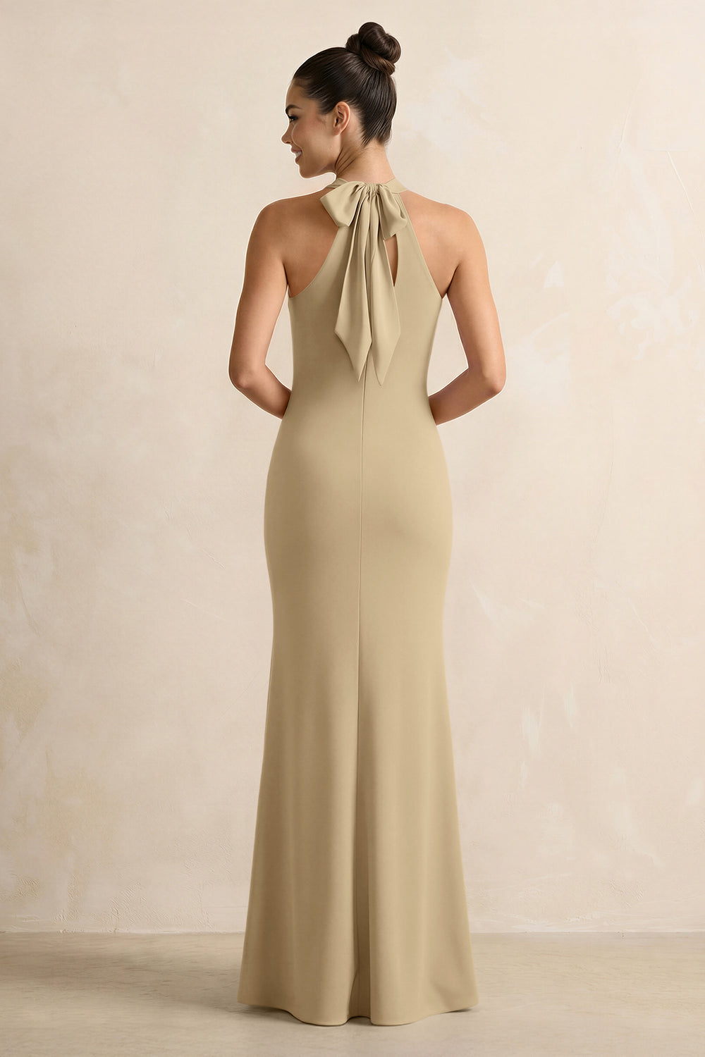 Crisscross Halter Sheath Satin Bridesmaid Dress with Bow in Champagne