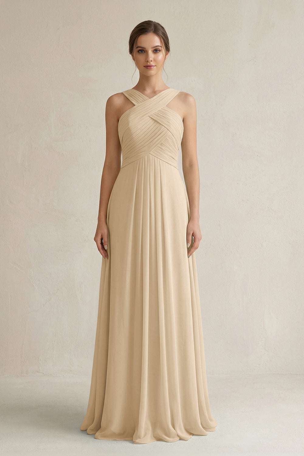 Cross Halter Chiffon A-Line Pleated Bridesmaid Dress in Champagne