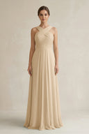 Champagne Cross Halter Chiffon A-Line Pleated Bridesmaid Dress | KISSBRIDAL