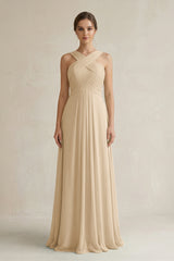 Champagne Cross Halter Chiffon A-Line Pleated Bridesmaid Dress | KISSBRIDAL