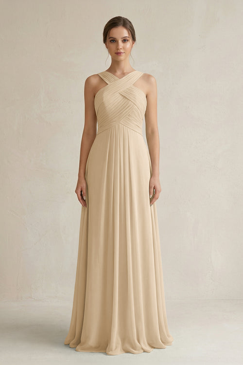 Champagne Cross Halter Chiffon A-Line Pleated Bridesmaid Dress | KISSBRIDAL