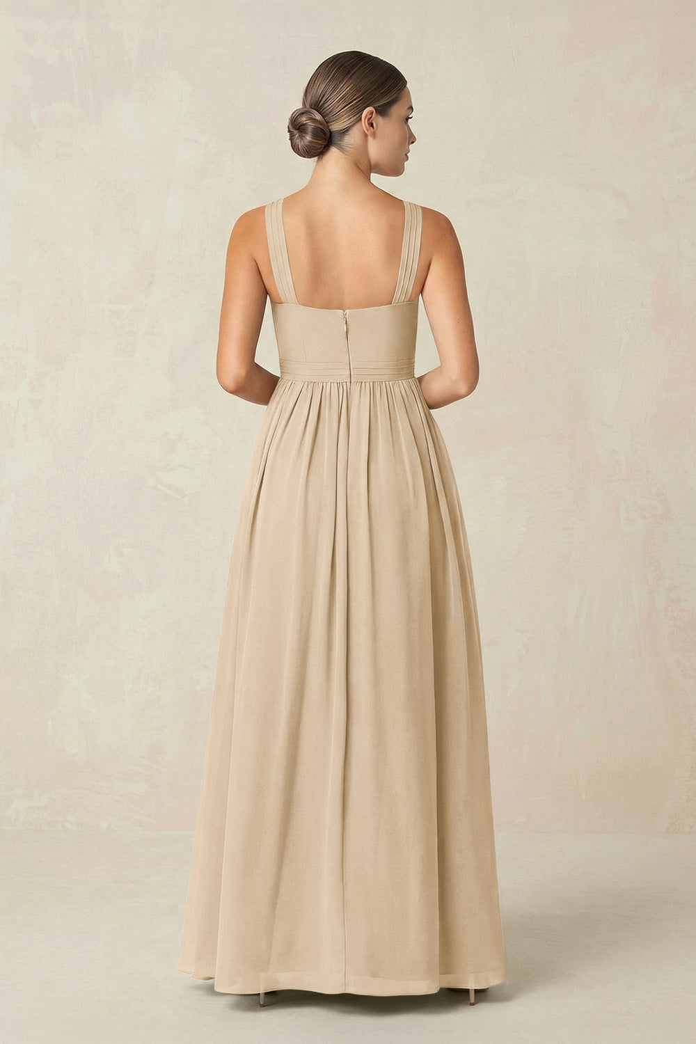 Cross Halter Neck Chiffon A-Line Bridesmaid Dress With Slit in Champagne