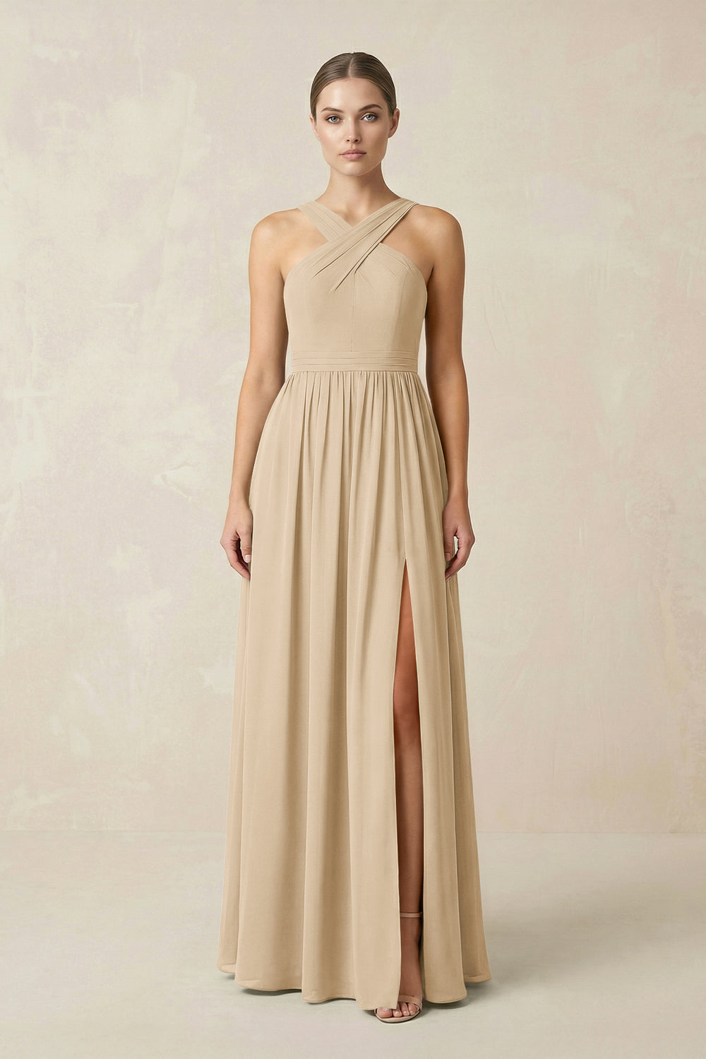 Cross Halter Neck Chiffon A-Line Bridesmaid Dress With Slit in Champagne