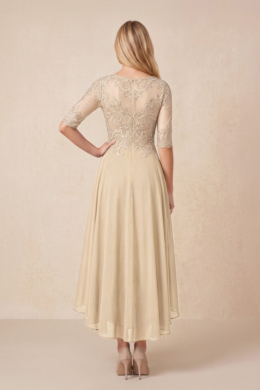 Champagne Embroidered A-Line Chiffon Midi Mother of the Bride Dress with Sleeves