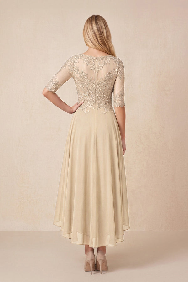 Champagne Embroidered A-Line Chiffon Midi Mother of the Bride Dress with Sleeves (2) | KISSBRIDAL