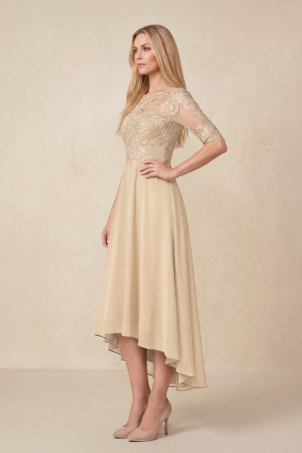 Champagne Embroidered A-Line Chiffon Midi Mother of the Bride Dress with Sleeves (3) | KISSBRIDAL