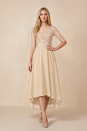 Champagne Embroidered A-Line Chiffon Midi Mother of the Bride Dress with Sleeves | KISSBRIDAL