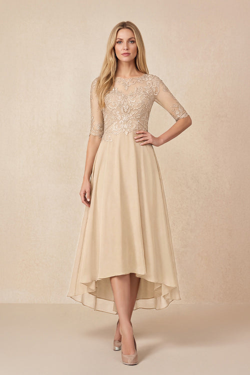 Champagne Embroidered A-Line Chiffon Midi Mother of the Bride Dress with Sleeves | KISSBRIDAL
