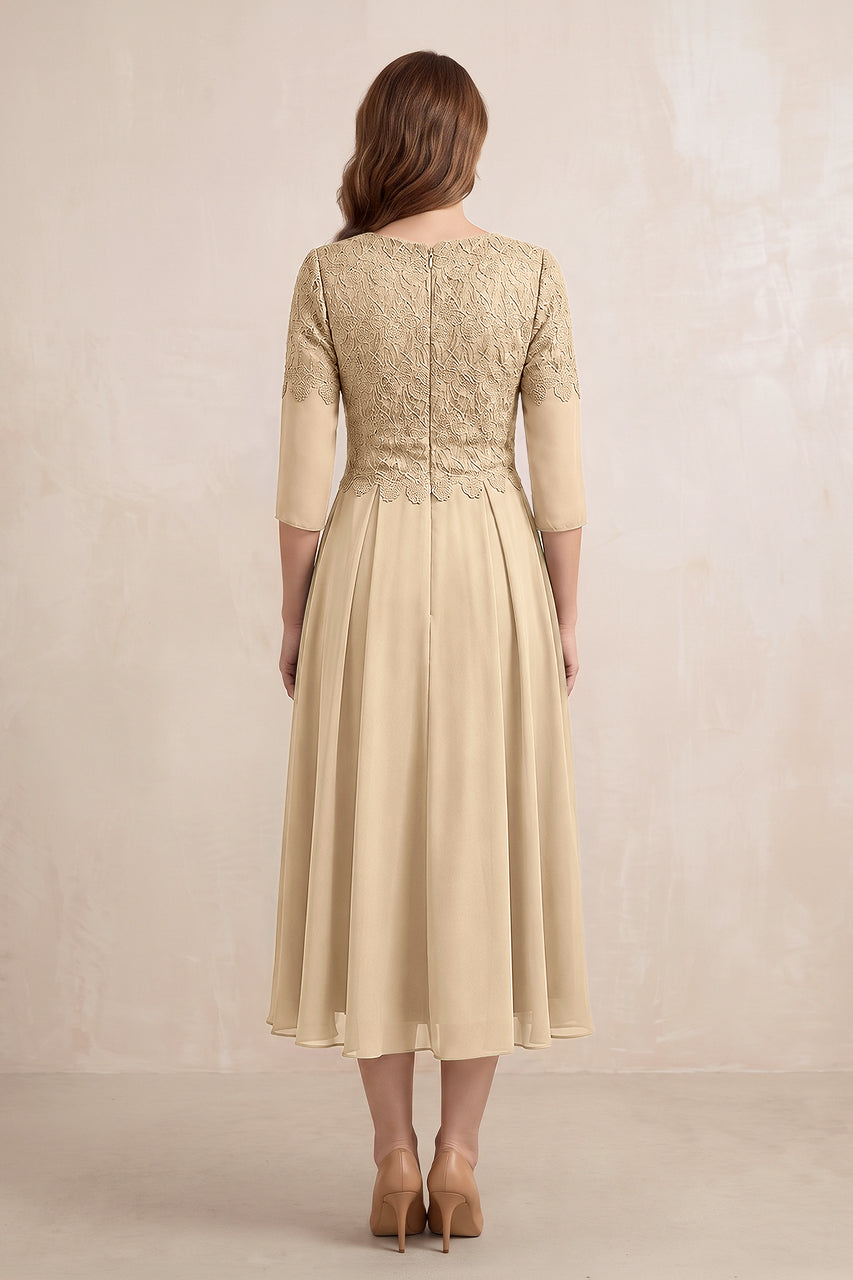 Champagne Embroidered Chiffon A-Line Midi Mother of the Bride Dress