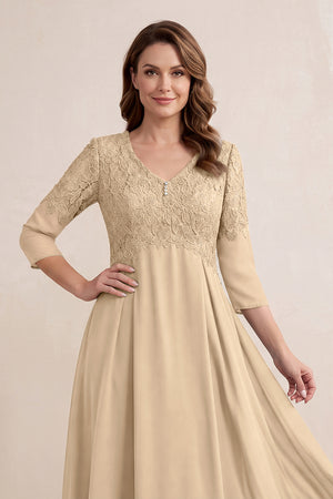 Champagne Embroidered Chiffon A-Line Midi Mother of the Bride Dress (3) | KISSBRIDAL