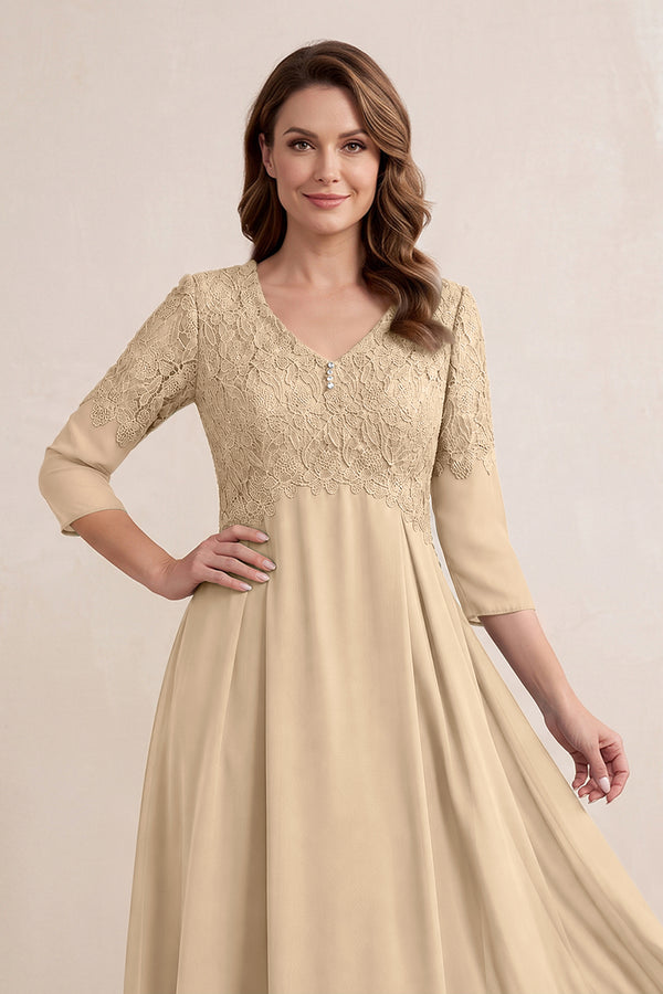 Champagne Embroidered Chiffon A-Line Midi Mother of the Bride Dress (3) | KISSBRIDAL