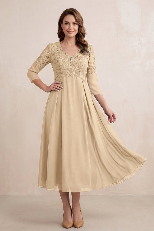 Champagne Embroidered Chiffon A-Line Midi Mother of the Bride Dress | KISSBRIDAL