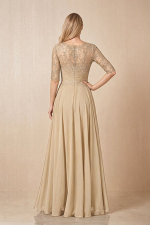 Champagne Embroidered Chiffon Boat Neck A-Line Mother of the Bride Dress with Half Sleeves (2) | KISSBRIDAL