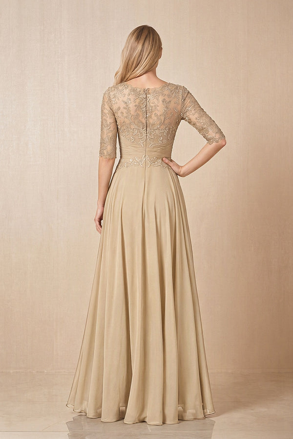Champagne Embroidered Chiffon Boat Neck A-Line Mother of the Bride Dress with Half Sleeves (2) | KISSBRIDAL