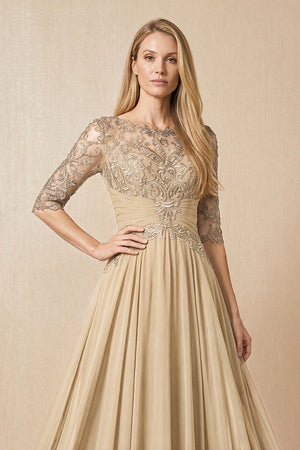 Champagne Embroidered Chiffon Boat Neck A-Line Mother of the Bride Dress with Half Sleeves (3) | KISSBRIDAL