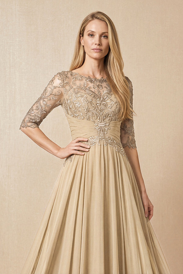 Champagne Embroidered Chiffon Boat Neck A-Line Mother of the Bride Dress with Half Sleeves (3) | KISSBRIDAL