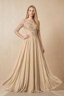 Champagne Embroidered Chiffon Boat Neck A-Line Mother of the Bride Dress with Half Sleeves | KISSBRIDAL
