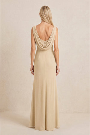 Champagne Embroidered Cowl Neck Sheath Chiffon Mother of the Bride Dress (2) | KISSBRIDAL