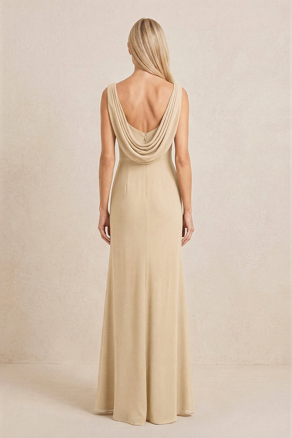 Champagne Embroidered Cowl Neck Sheath Chiffon Mother of the Bride Dress (2) | KISSBRIDAL