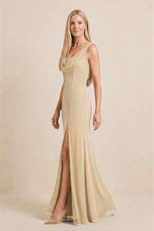 Champagne Embroidered Cowl Neck Sheath Chiffon Mother of the Bride Dress (3) | KISSBRIDAL