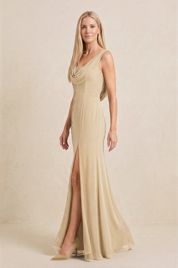 Champagne Embroidered Cowl Neck Sheath Chiffon Mother of the Bride Dress (3) | KISSBRIDAL