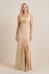 Champagne Embroidered Cowl Neck Sheath Chiffon Mother of the Bride Dress | KISSBRIDAL