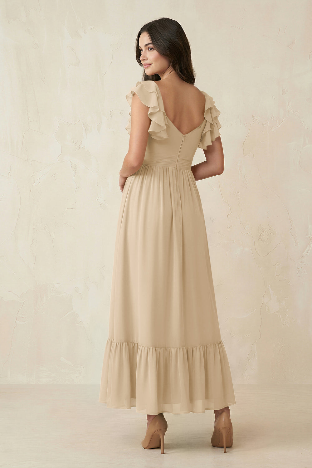 Flutter Sleeve Sweetheart A-Line Chiffon Bridesmaid Dress in Champagne