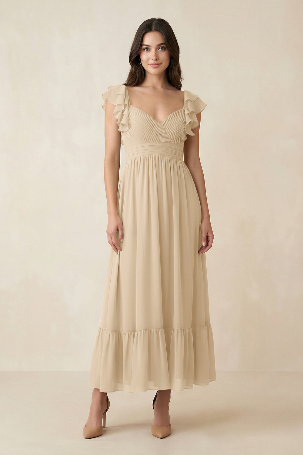 Flutter Sleeve Sweetheart A-Line Chiffon Bridesmaid Dress in Champagne