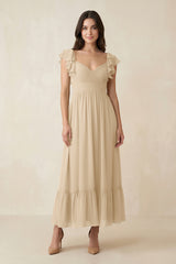 Champagne Flutter Sleeve Sweetheart A-Line Chiffon Bridesmaid Dress | KISSBRIDAL