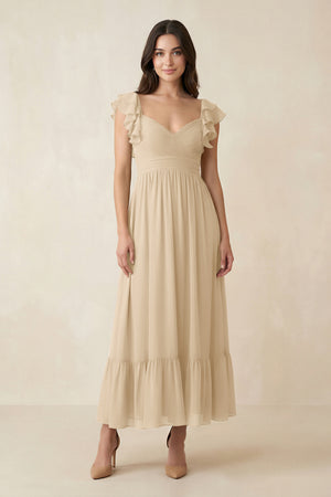 Champagne Flutter Sleeve Sweetheart A-Line Chiffon Bridesmaid Dress | KISSBRIDAL